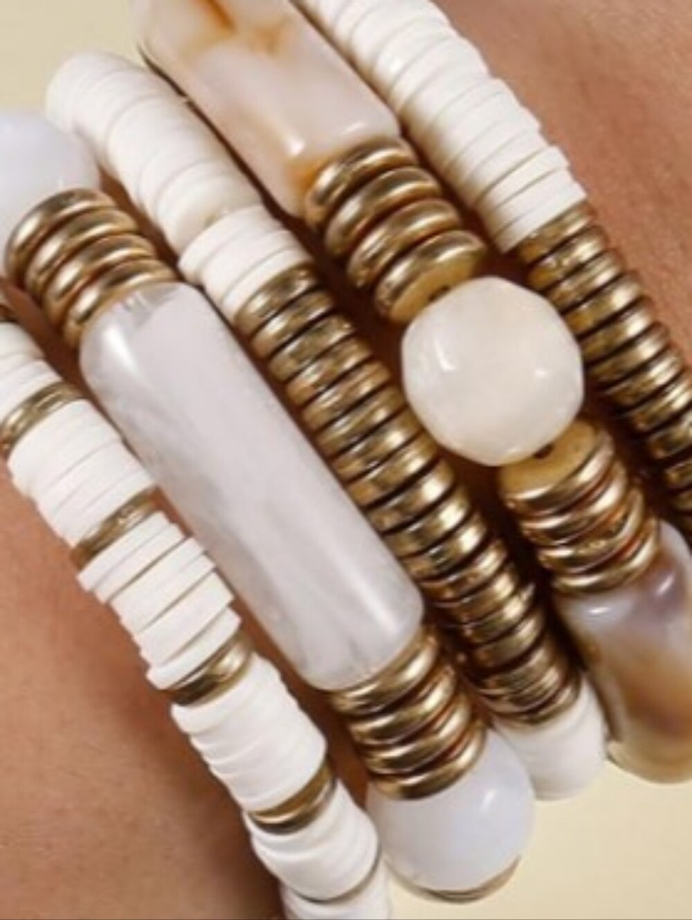 5Pc White Heishi Bead Bracelet Stack Gold Marbled Acrylic Tube Strand Set